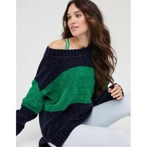 Offline By Aerie Chenille Knit Soft Sweater Blue Green Boxy Oversized Preppy M